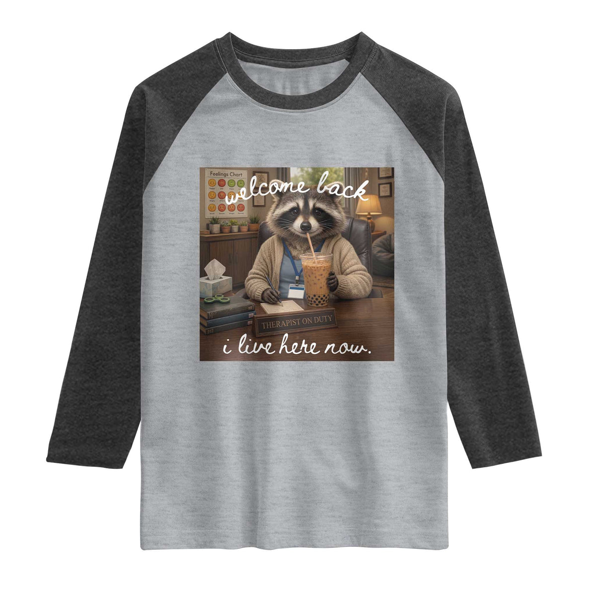 Funny School Therapist Raccoon Drinking Iced Coffee Raglan Shirt TS14 Heather Gray Heather Charcoal Print Your Wear
