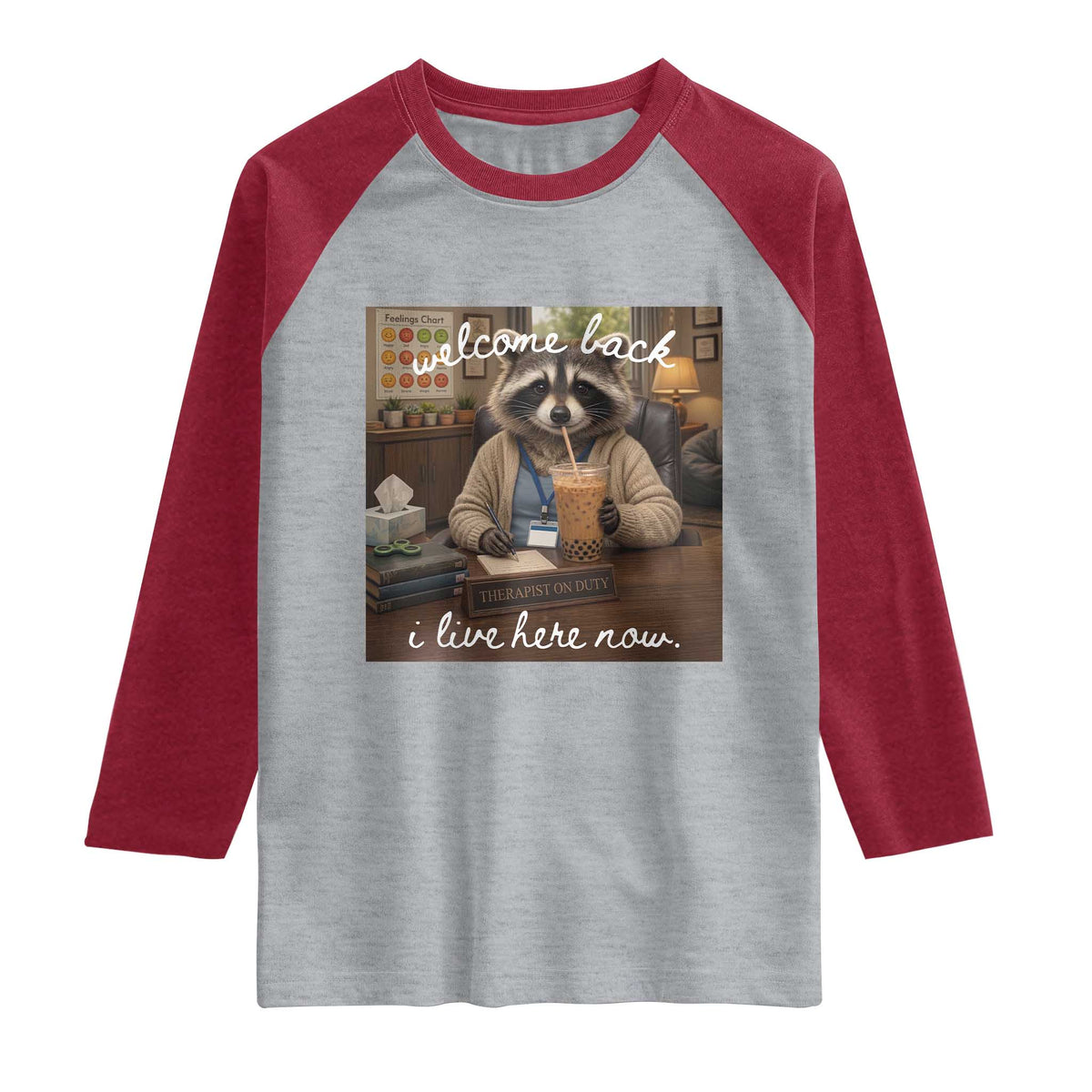 Funny School Therapist Raccoon Drinking Iced Coffee Raglan Shirt TS14 Heather Gray Heather Red Print Your Wear