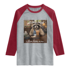 Funny School Therapist Raccoon Drinking Iced Coffee Raglan Shirt TS14 Heather Gray Heather Red Print Your Wear