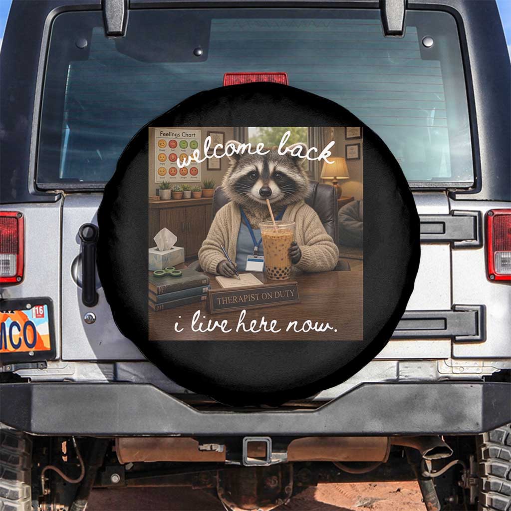 Funny School Therapist Raccoon Drinking Iced Coffee Spare Tire Cover TS14 No hole Black Print Your Wear