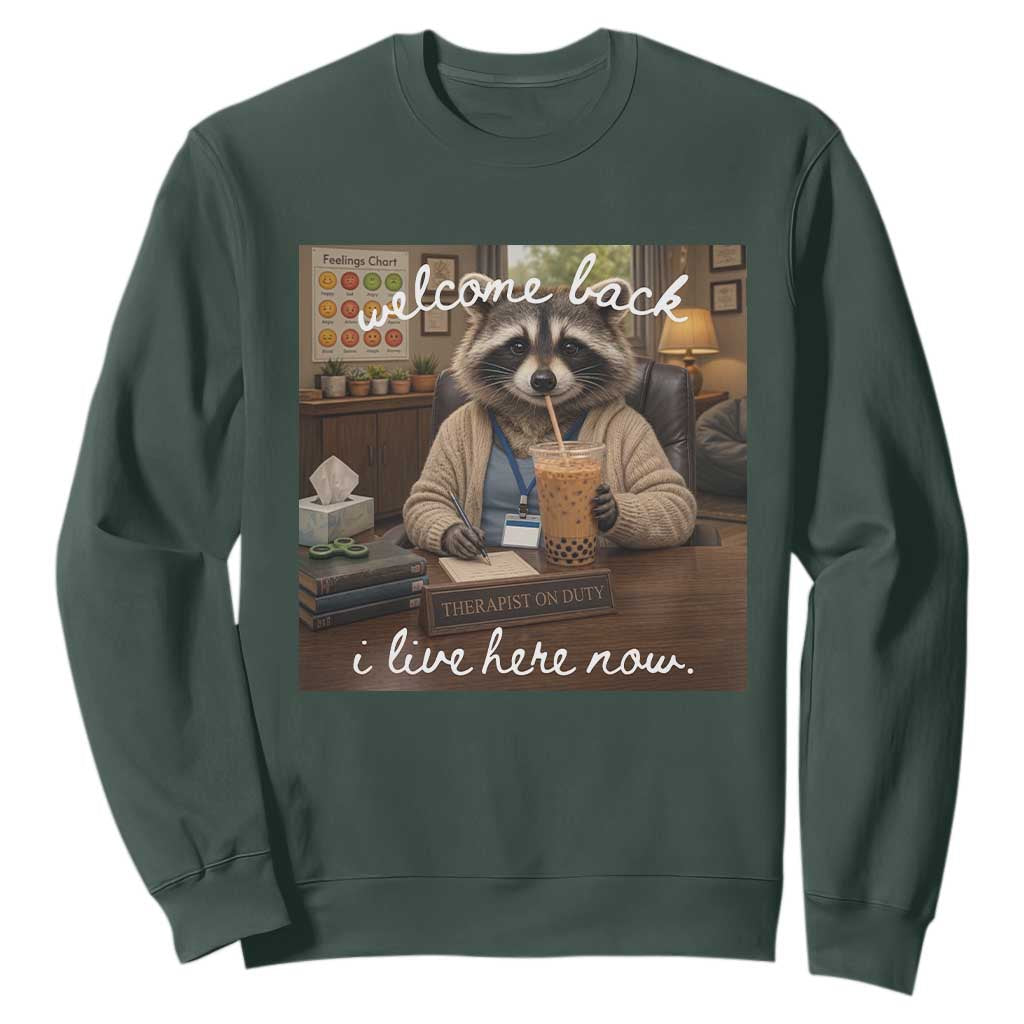 Funny School Therapist Raccoon Drinking Iced Coffee Sweatshirt TS14 Dark Forest Green Print Your Wear