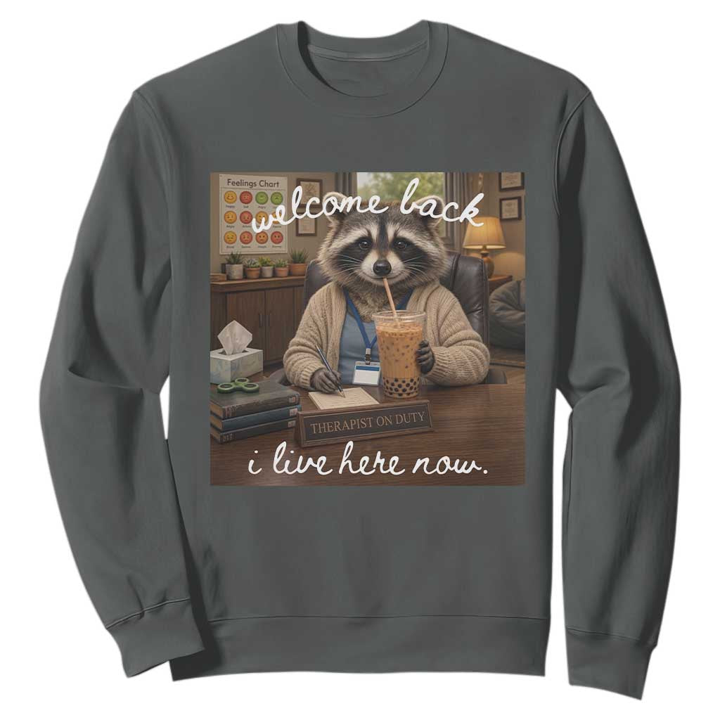 Funny School Therapist Raccoon Drinking Iced Coffee Sweatshirt TS14 Dark Heather Print Your Wear