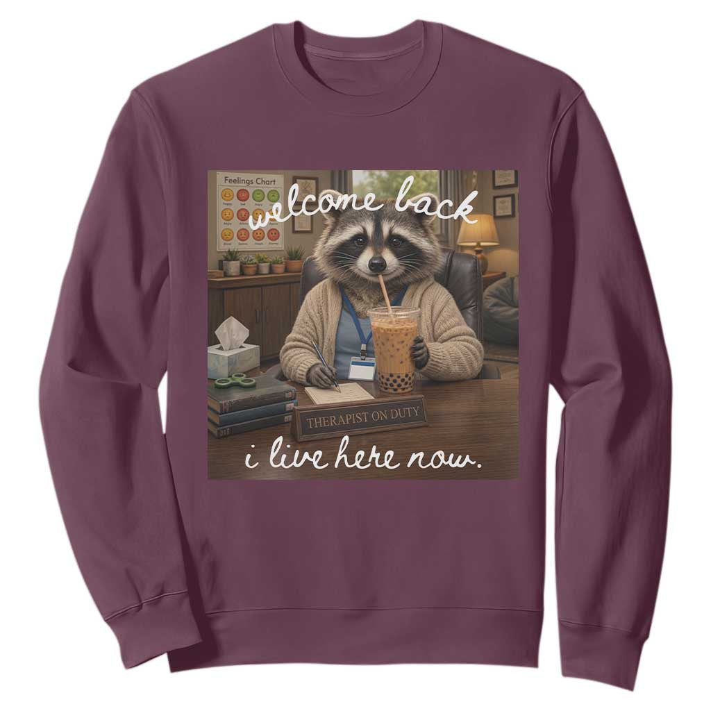 Funny School Therapist Raccoon Drinking Iced Coffee Sweatshirt TS14 Maroon Print Your Wear