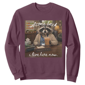Funny School Therapist Raccoon Drinking Iced Coffee Sweatshirt TS14 Maroon Print Your Wear