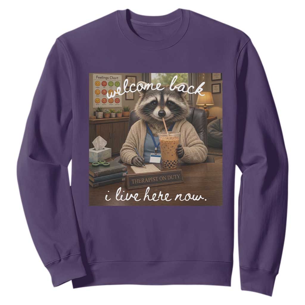 Funny School Therapist Raccoon Drinking Iced Coffee Sweatshirt TS14 Purple Print Your Wear