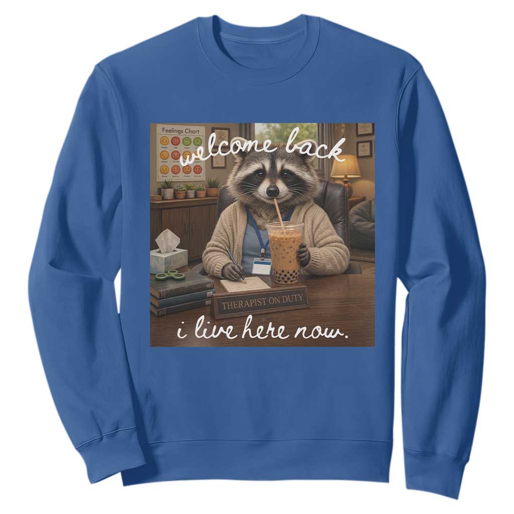 Funny School Therapist Raccoon Drinking Iced Coffee Sweatshirt TS14 Royal Blue Print Your Wear