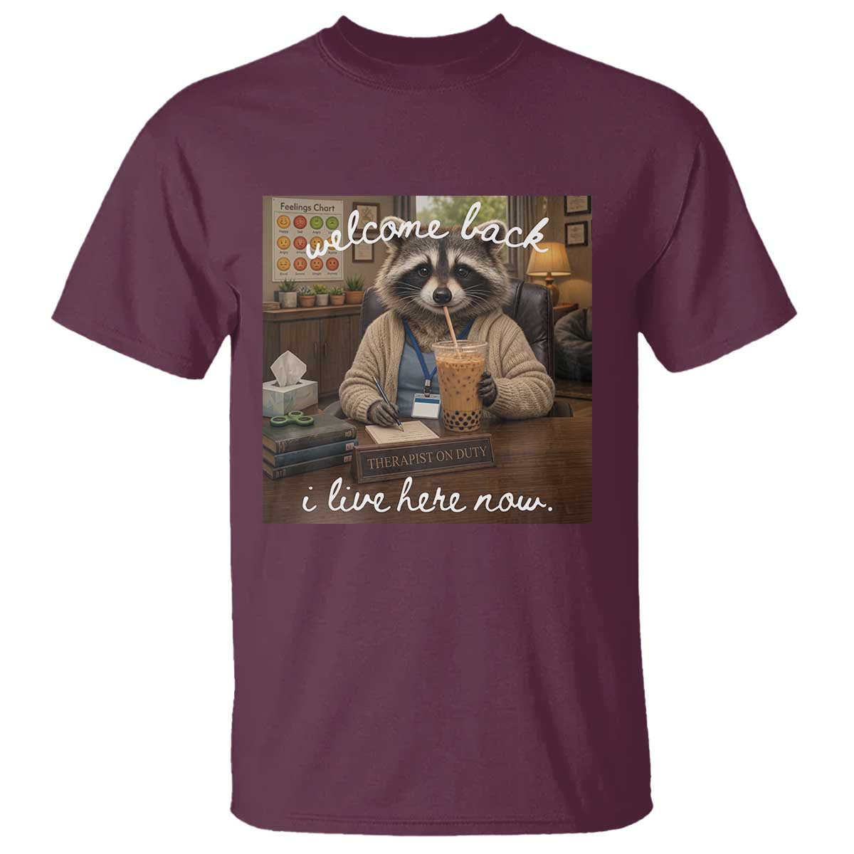 Funny School Therapist Raccoon Drinking Iced Coffee T Shirt TS14 Maroon Print Your Wear