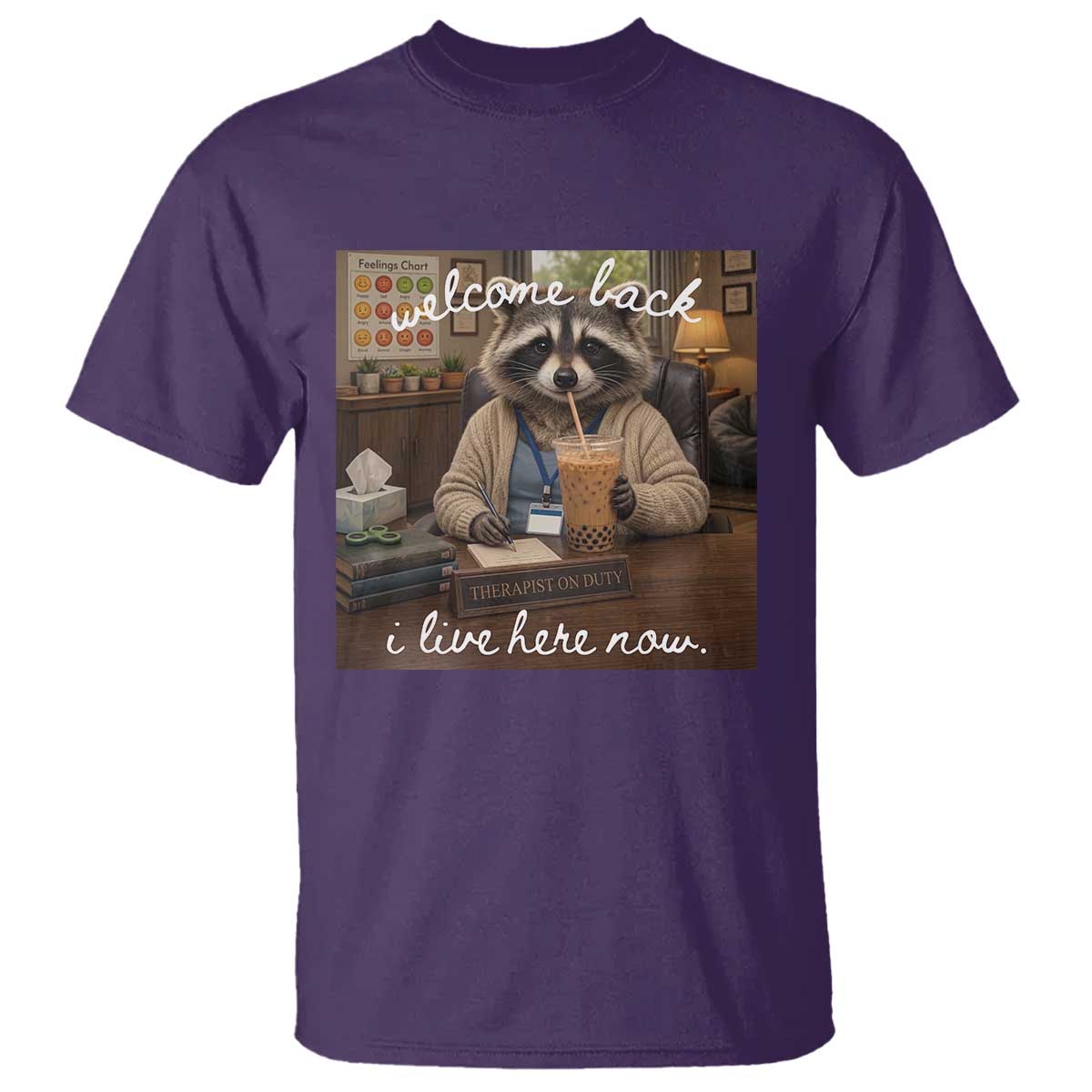 Funny School Therapist Raccoon Drinking Iced Coffee T Shirt TS14 Purple Print Your Wear