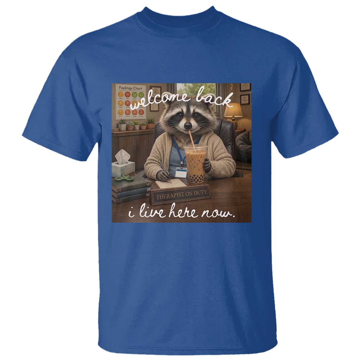 Funny School Therapist Raccoon Drinking Iced Coffee T Shirt TS14 Royal Blue Print Your Wear