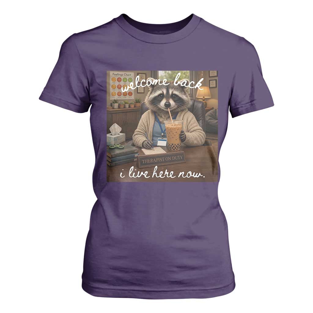 Funny School Therapist Raccoon Drinking Iced Coffee T Shirt For Women TS14 Purple Print Your Wear