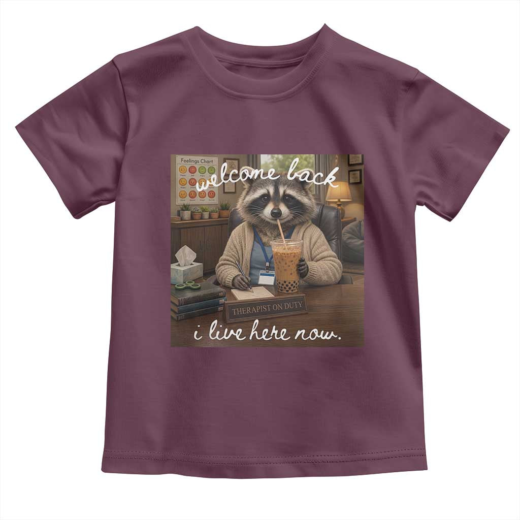 Funny School Therapist Raccoon Drinking Iced Coffee Toddler T Shirt TS14 Maroon Print Your Wear