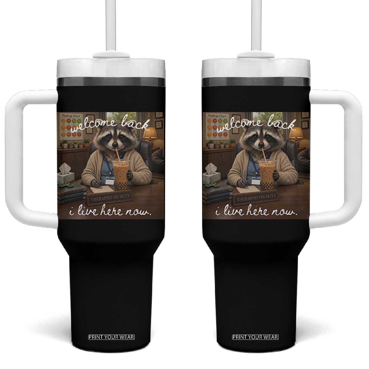 Funny School Therapist Raccoon Drinking Iced Coffee Tumbler With Handle TS14 One Size: 40 oz Black Print Your Wear