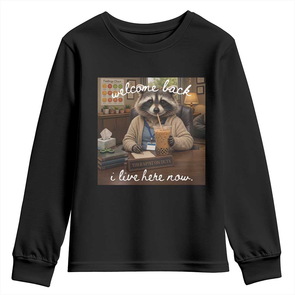 Funny School Therapist Raccoon Drinking Iced Coffee Youth Sweatshirt TS14 Black Print Your Wear