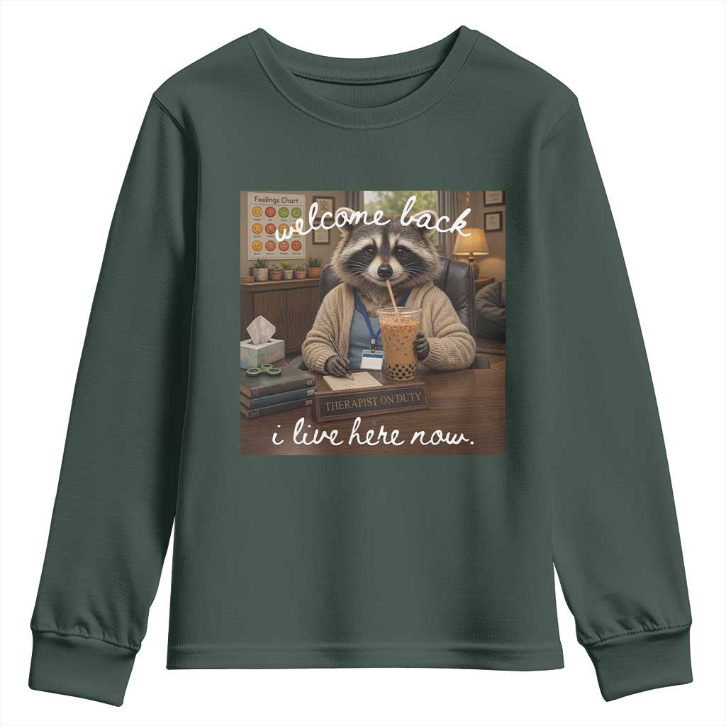 Funny School Therapist Raccoon Drinking Iced Coffee Youth Sweatshirt TS14 Dark Forest Green Print Your Wear