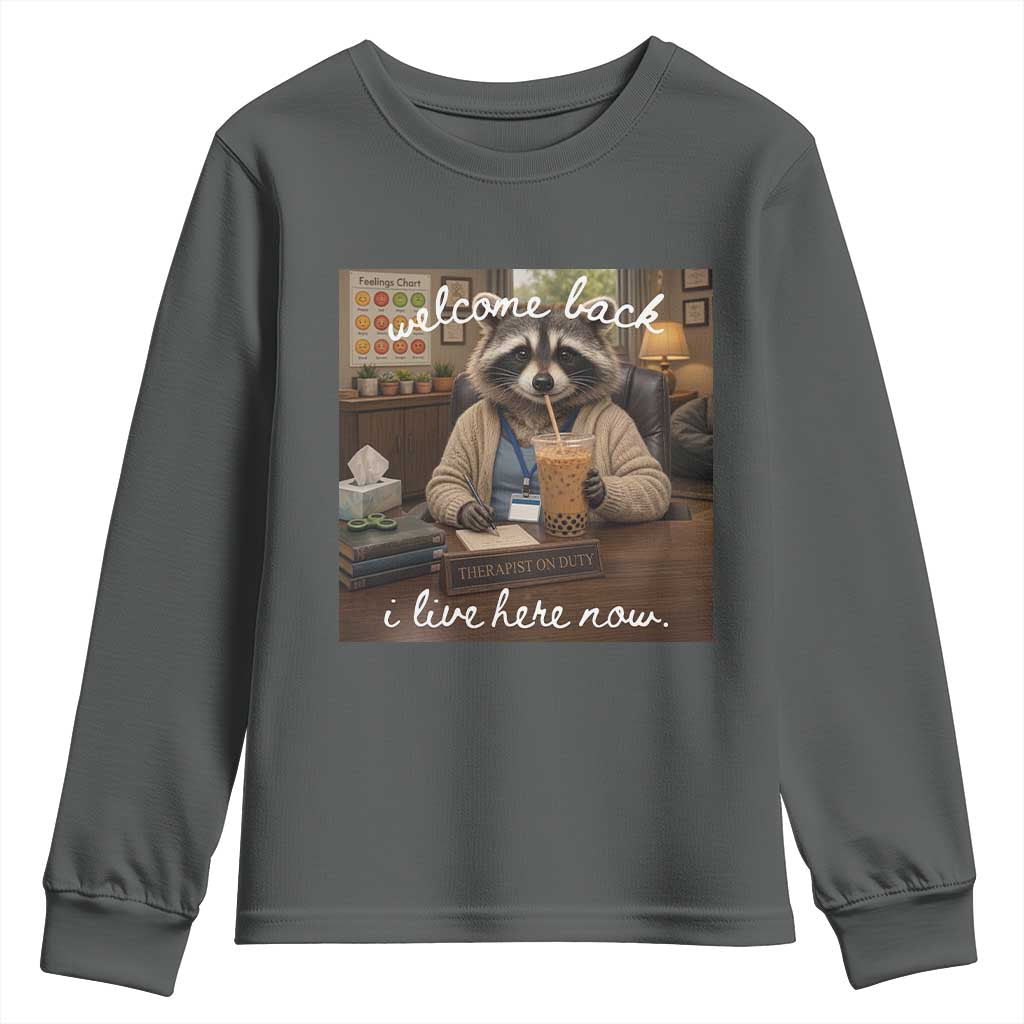 Funny School Therapist Raccoon Drinking Iced Coffee Youth Sweatshirt TS14 Dark Heather Print Your Wear