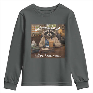 Funny School Therapist Raccoon Drinking Iced Coffee Youth Sweatshirt TS14 Dark Heather Print Your Wear