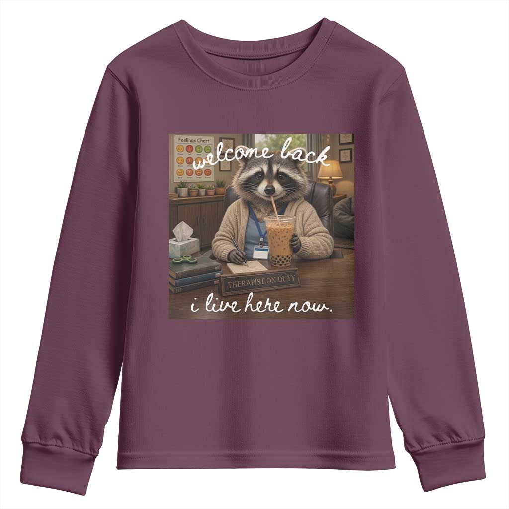 Funny School Therapist Raccoon Drinking Iced Coffee Youth Sweatshirt TS14 Maroon Print Your Wear