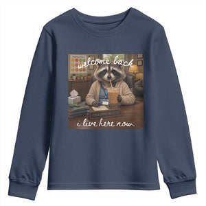 Funny School Therapist Raccoon Drinking Iced Coffee Youth Sweatshirt TS14 Navy Print Your Wear