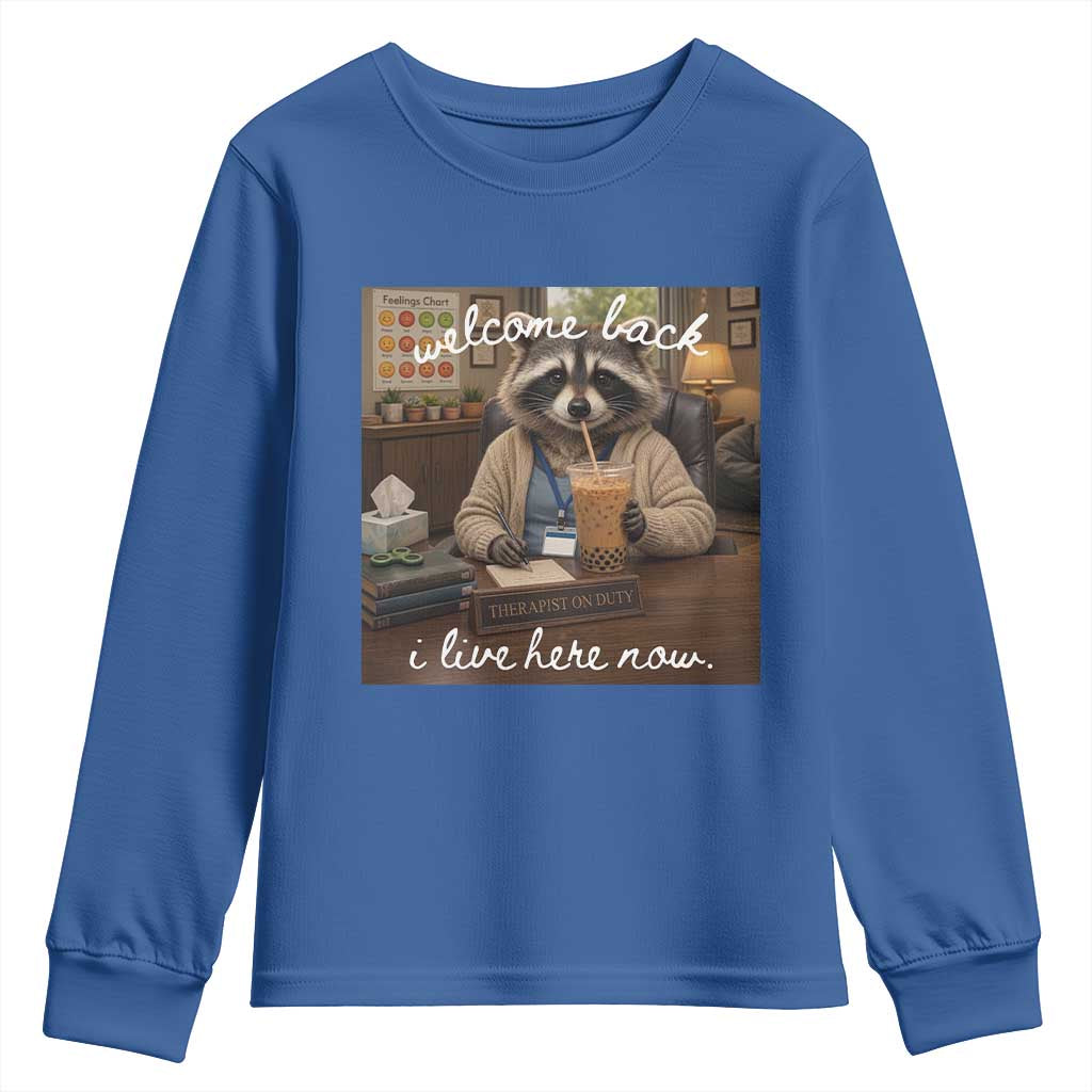 Funny School Therapist Raccoon Drinking Iced Coffee Youth Sweatshirt TS14 Royal Blue Print Your Wear