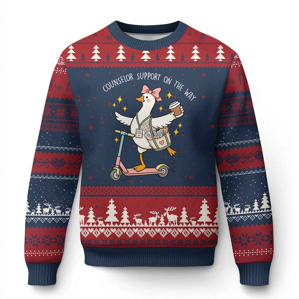 Counselor Support On The Way Ugly Christmas Sweater Silly Goose School Counselor TS14 Navy Red Print Your Wear