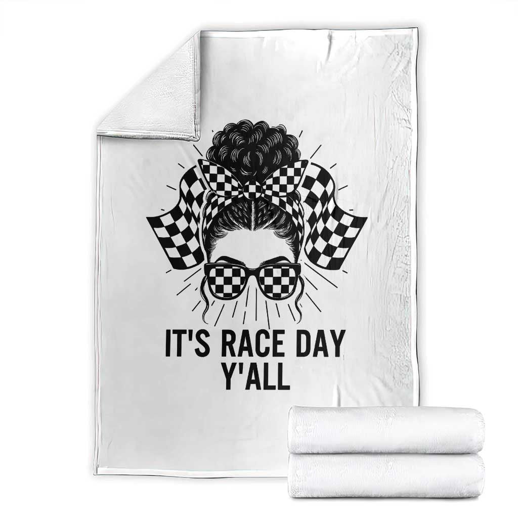 Racing Car Checkered Flag Throw Blanket Messy Bun Woman Race Day TS14 White Print Your Wear