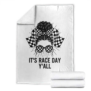 Racing Car Checkered Flag Throw Blanket Messy Bun Woman Race Day TS14 White Print Your Wear
