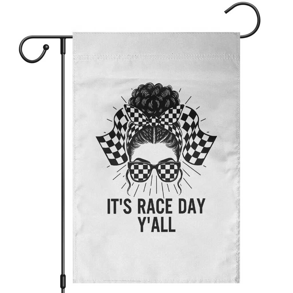 Racing Car Checkered Flag Garden Flag Messy Bun Woman Race Day TS14 White Print Your Wear