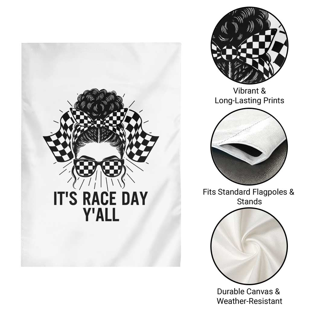 Racing Car Checkered Flag Garden Flag Messy Bun Woman Race Day TS14 Print Your Wear