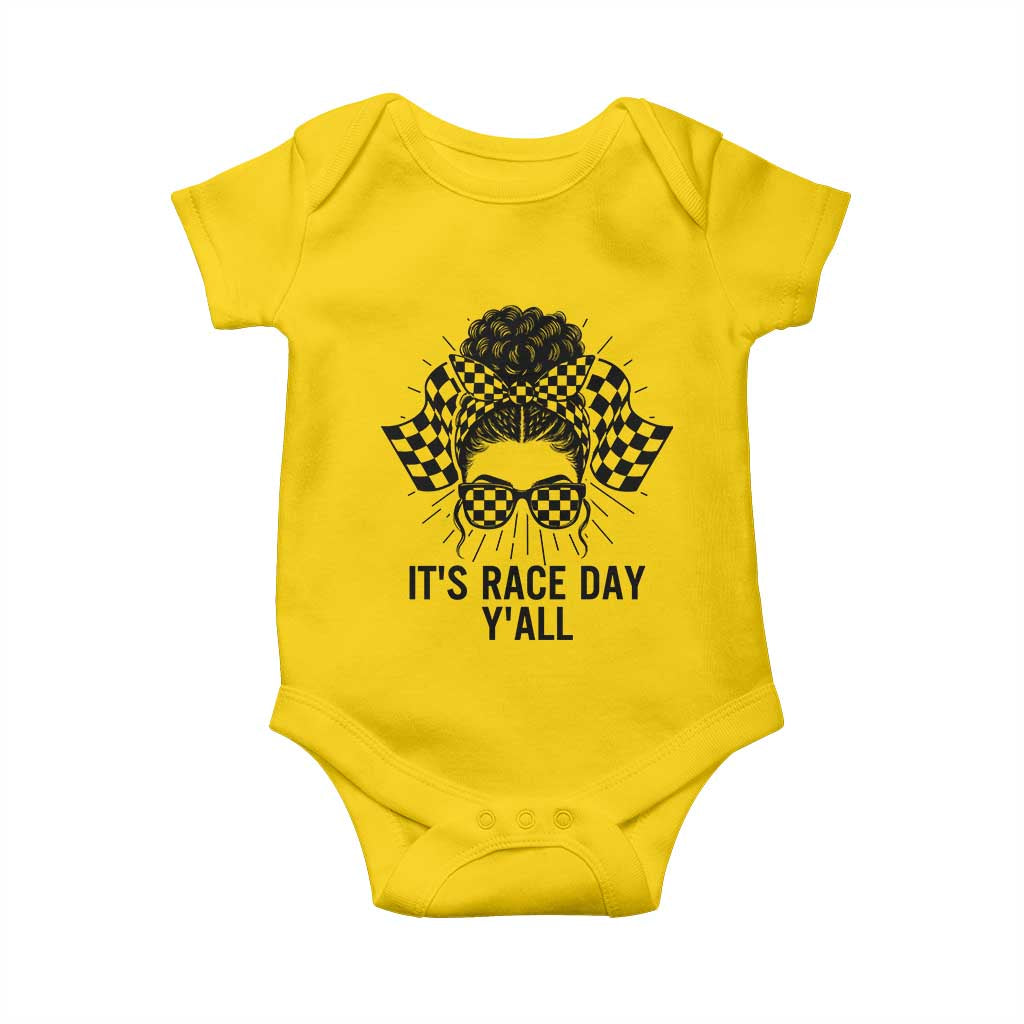 Racing Car Checkered Flag Baby Onesie Messy Bun Woman Race Day TS14 Daisy Print Your Wear