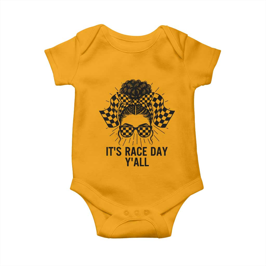 Racing Car Checkered Flag Baby Onesie Messy Bun Woman Race Day TS14 Gold Print Your Wear