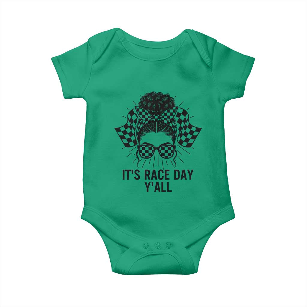 Racing Car Checkered Flag Baby Onesie Messy Bun Woman Race Day TS14 Irish Green Print Your Wear
