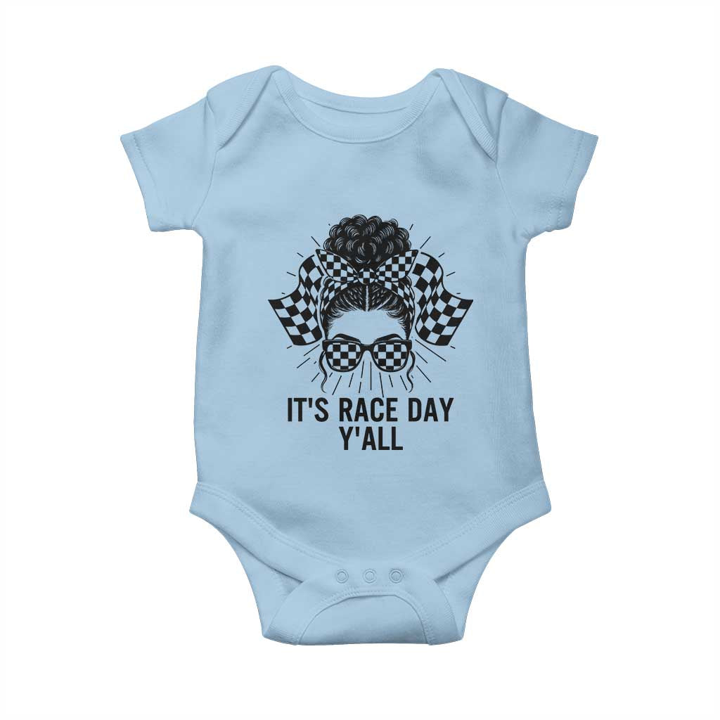 Racing Car Checkered Flag Baby Onesie Messy Bun Woman Race Day TS14 Light Blue Print Your Wear