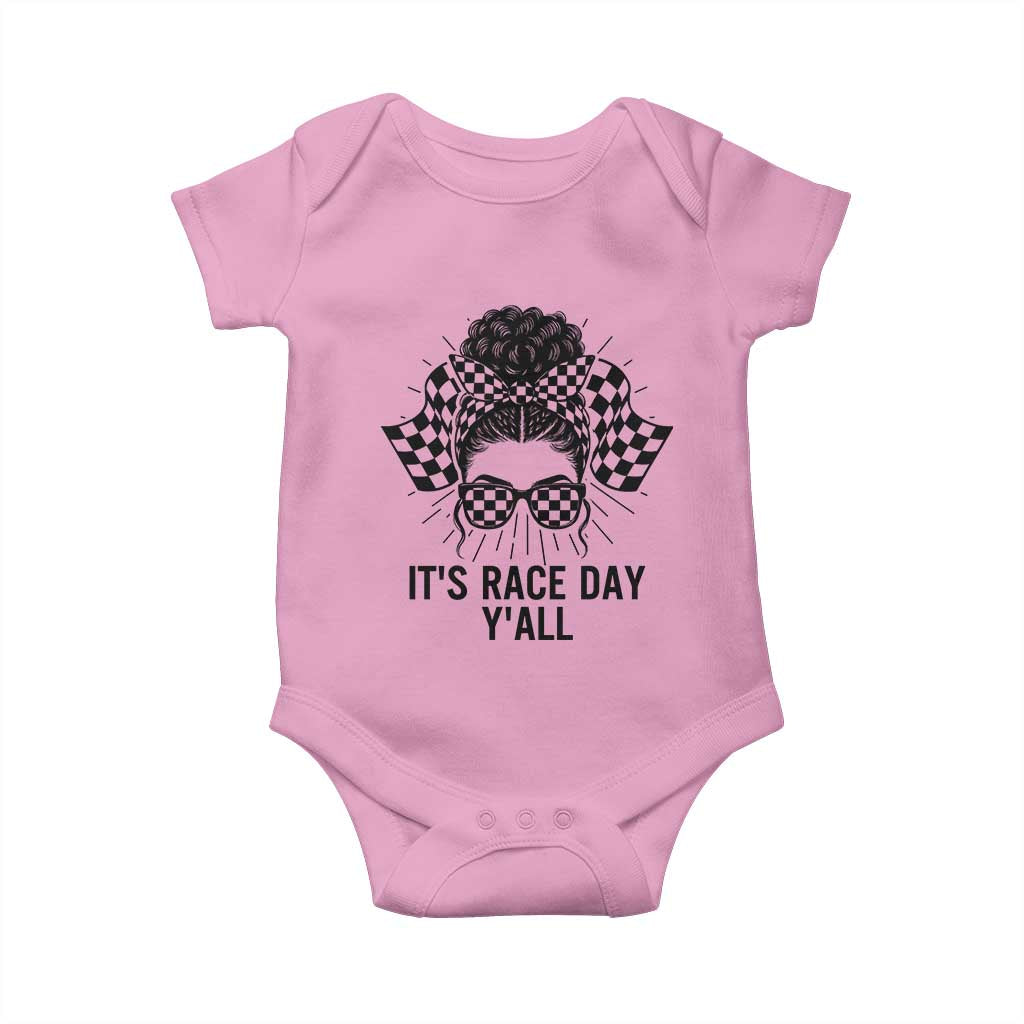 Racing Car Checkered Flag Baby Onesie Messy Bun Woman Race Day TS14 Light Pink Print Your Wear