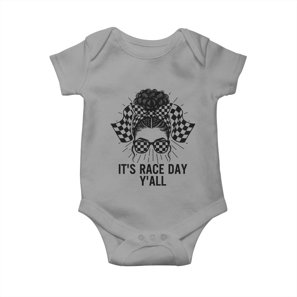 Racing Car Checkered Flag Baby Onesie Messy Bun Woman Race Day TS14 Sport Gray Print Your Wear