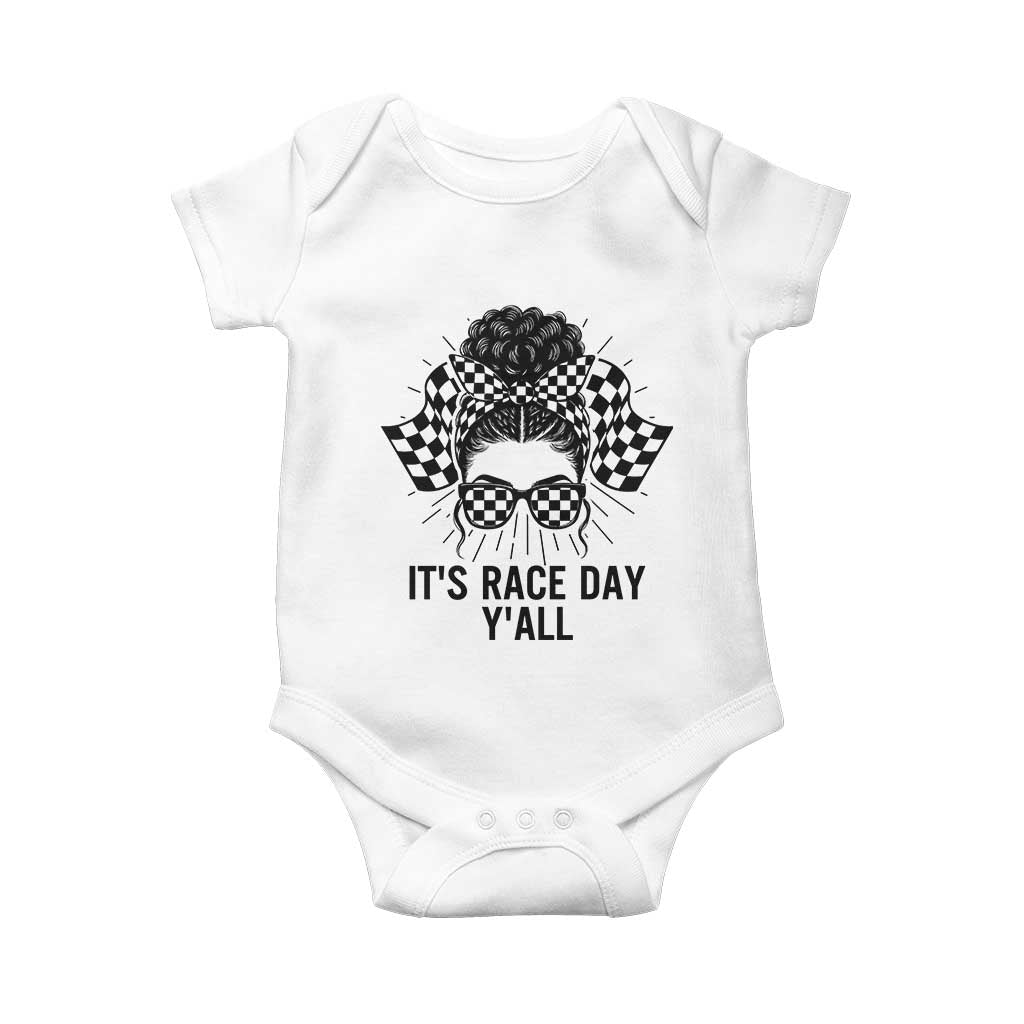 Racing Car Checkered Flag Baby Onesie Messy Bun Woman Race Day TS14 White Print Your Wear