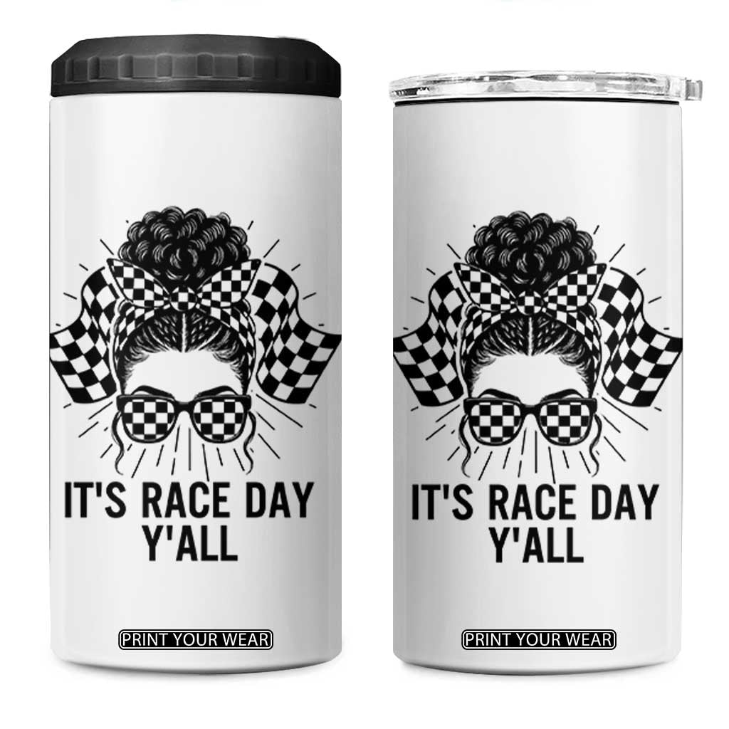 Racing Car Checkered Flag 4 in 1 Can Cooler Tumbler Messy Bun Woman Race Day TS14 One Size: 16 oz White Print Your Wear