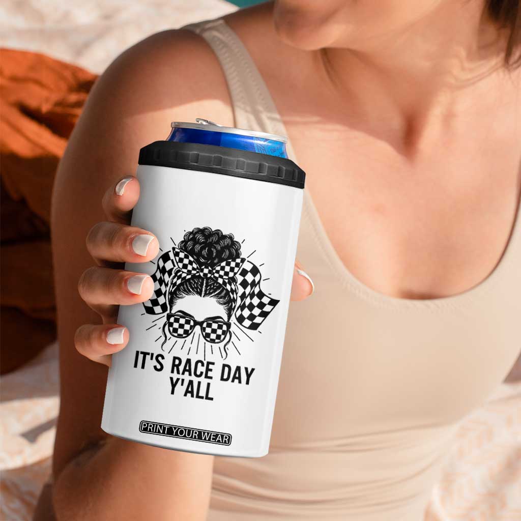 Racing Car Checkered Flag 4 in 1 Can Cooler Tumbler Messy Bun Woman Race Day TS14 Print Your Wear