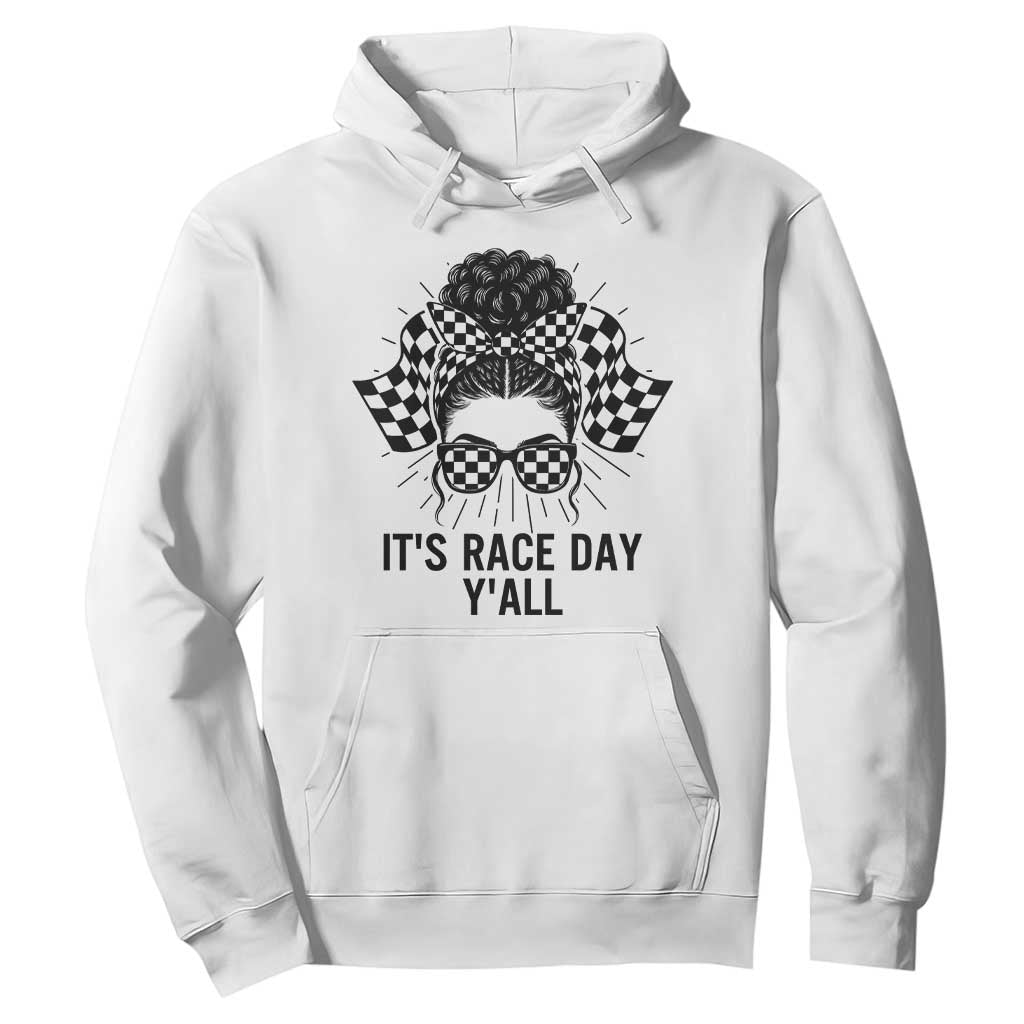 Racing Car Checkered Flag Hoodie Messy Bun Woman Race Day TS14 White Print Your Wear