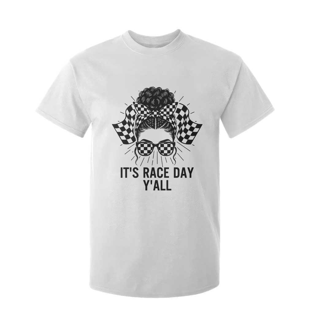 Racing Car Checkered Flag T Shirt For Kid Messy Bun Woman Race Day TS14 White Print Your Wear