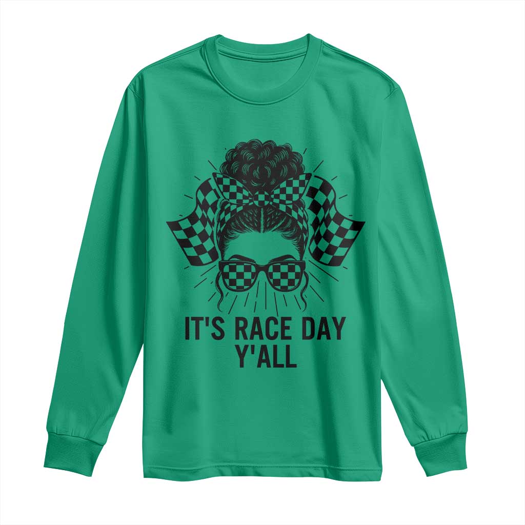 Racing Car Checkered Flag Long Sleeve Shirt Messy Bun Woman Race Day TS14 Irish Green Print Your Wear