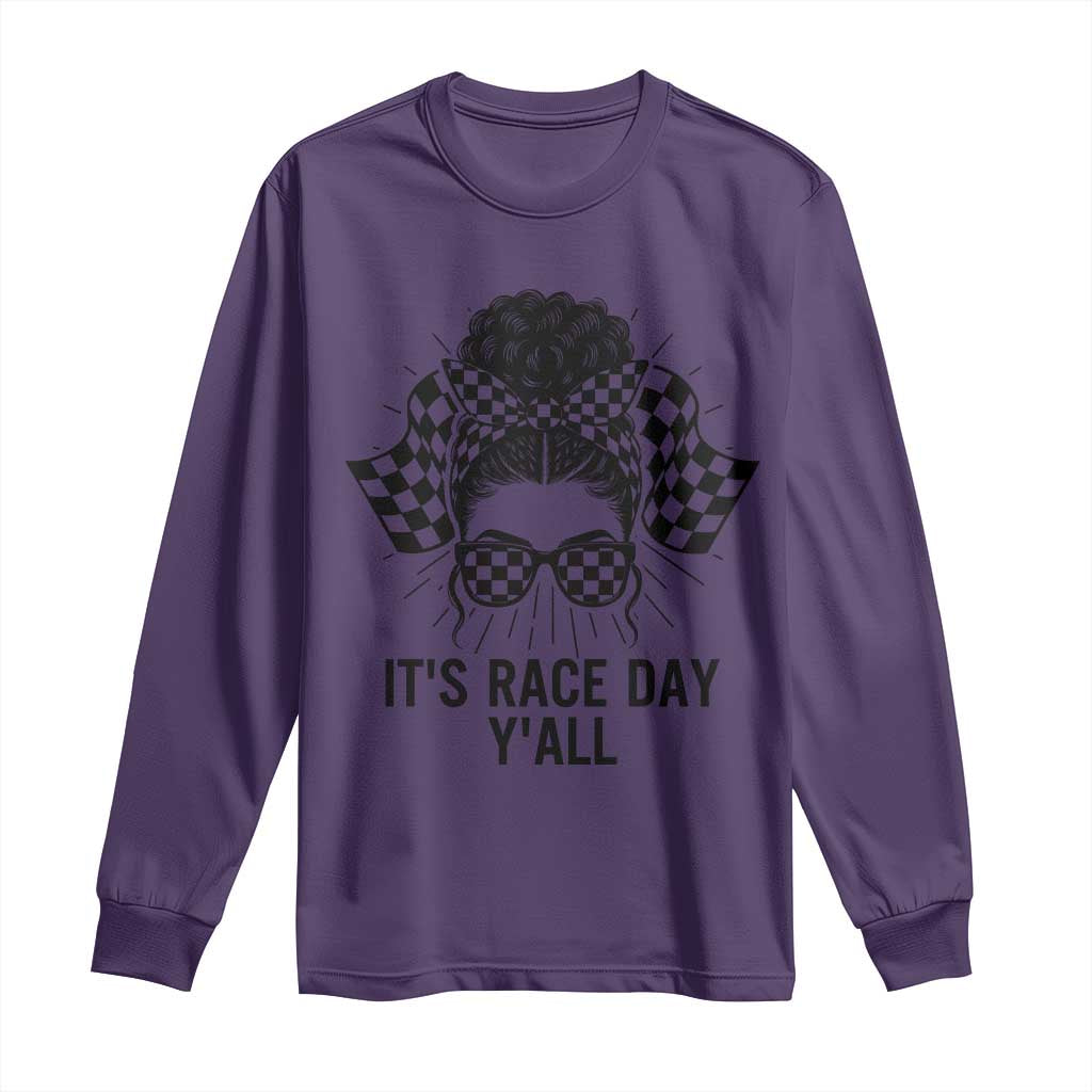 Racing Car Checkered Flag Long Sleeve Shirt Messy Bun Woman Race Day TS14 Purple Print Your Wear