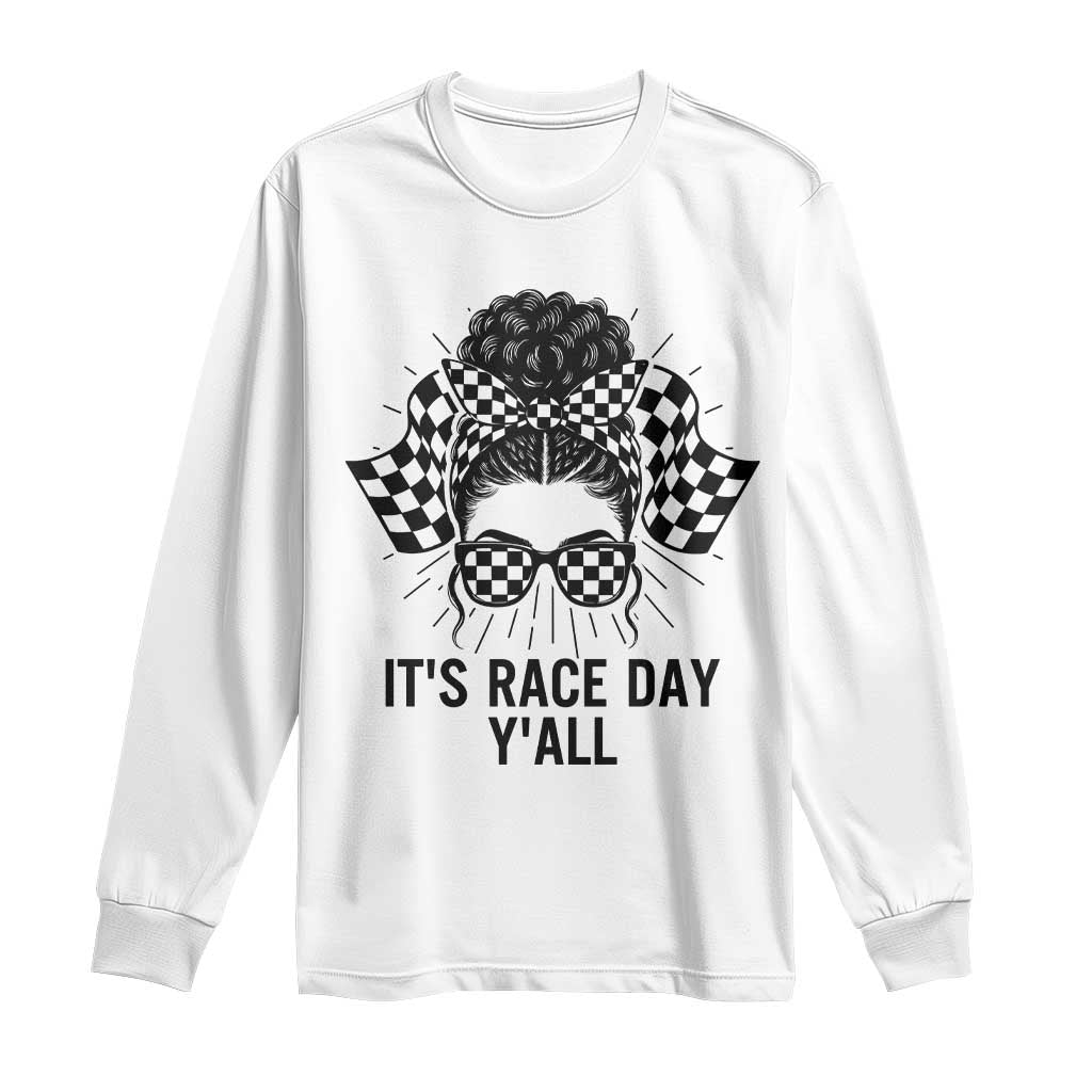 Racing Car Checkered Flag Long Sleeve Shirt Messy Bun Woman Race Day TS14 White Print Your Wear