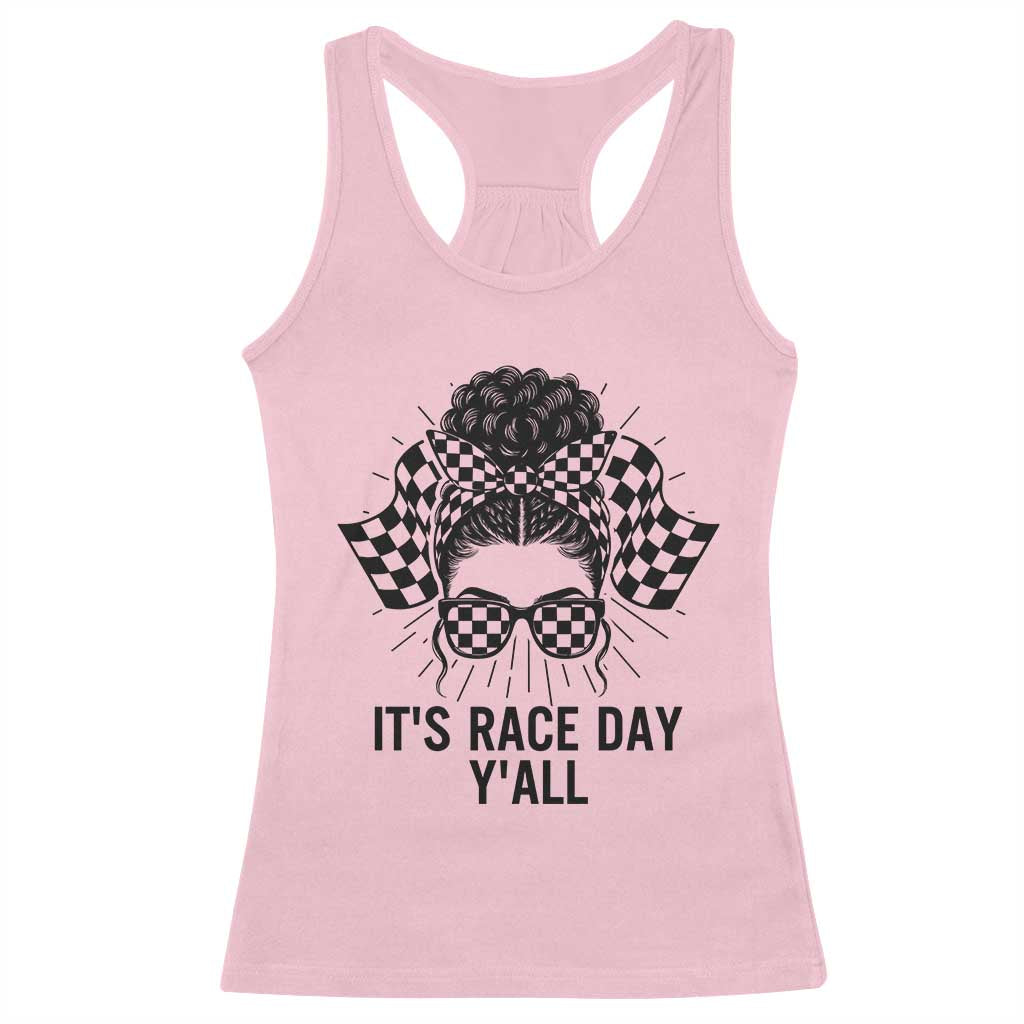 Racing Car Checkered Flag Racerback Tank Top Messy Bun Woman Race Day TS14 Light Pink Print Your Wear