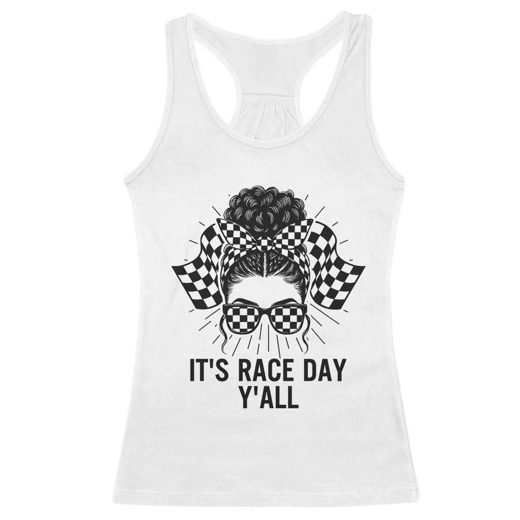 Racing Car Checkered Flag Racerback Tank Top Messy Bun Woman Race Day TS14 White Print Your Wear
