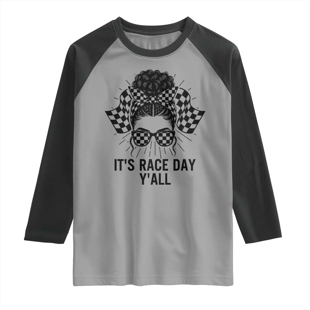Racing Car Checkered Flag Raglan Shirt Messy Bun Woman Race Day TS14 Sport Gray Black Print Your Wear