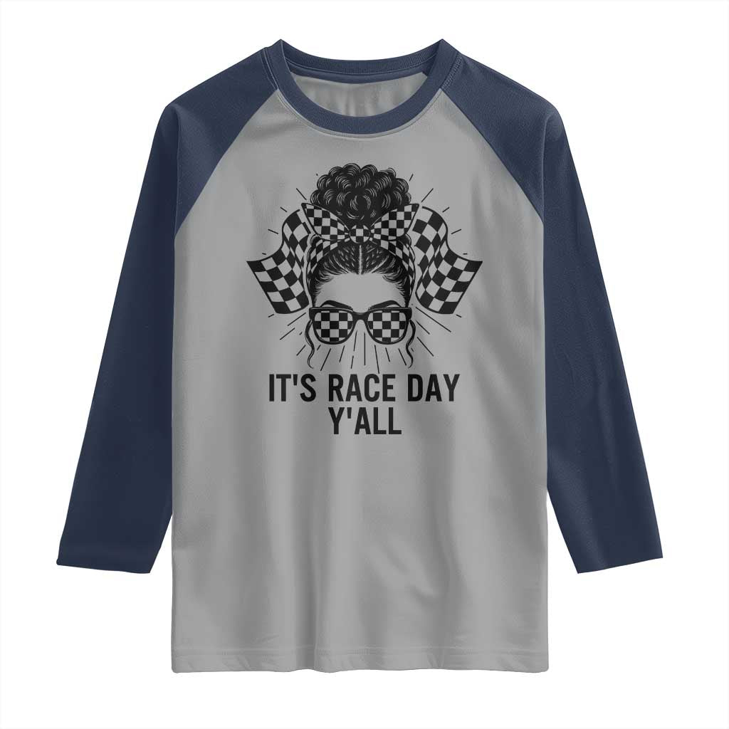 Racing Car Checkered Flag Raglan Shirt Messy Bun Woman Race Day TS14 Sport Gray Navy Print Your Wear