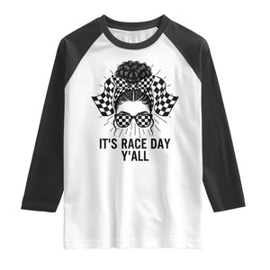 Racing Car Checkered Flag Raglan Shirt Messy Bun Woman Race Day TS14 White Black Print Your Wear