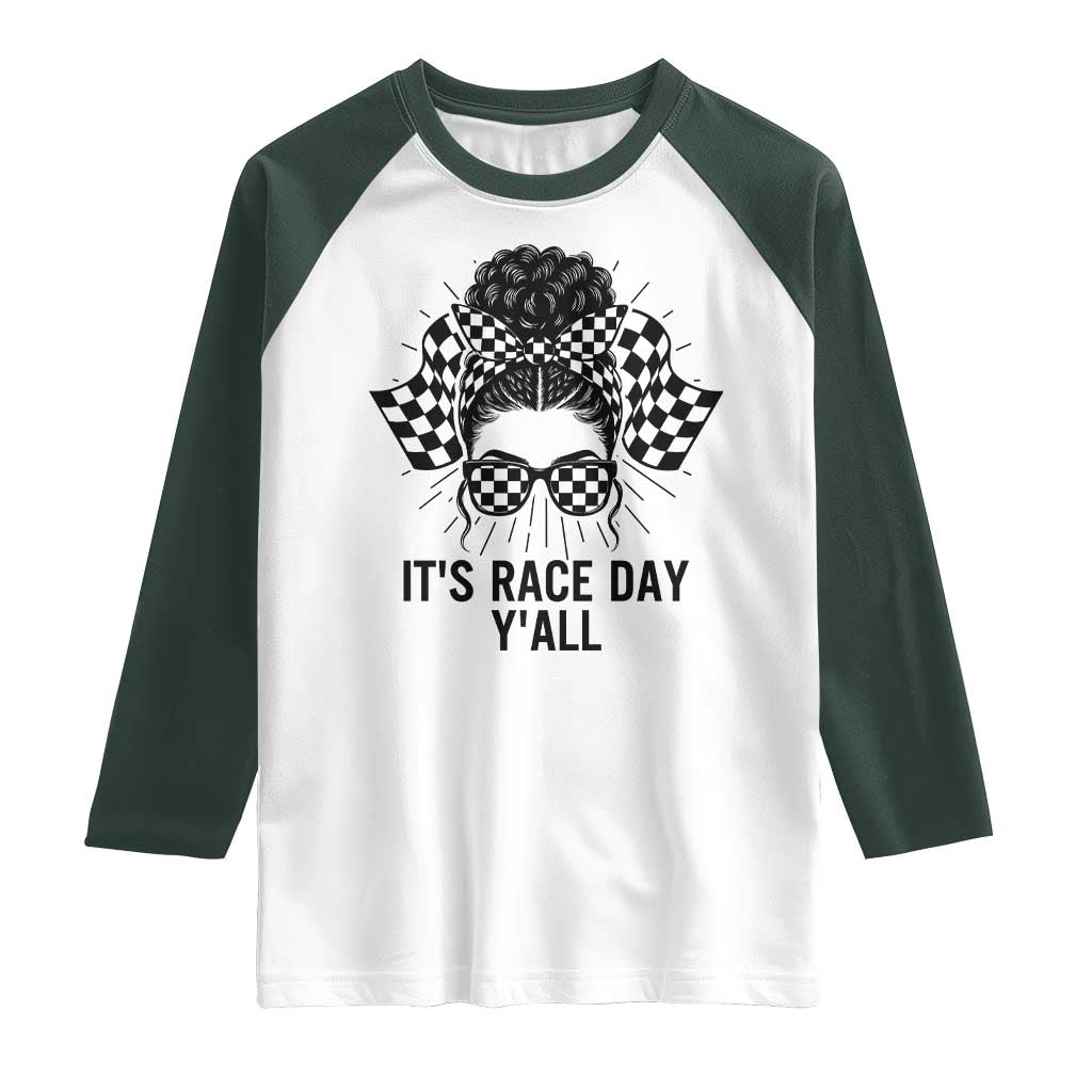 Racing Car Checkered Flag Raglan Shirt Messy Bun Woman Race Day TS14 White Dark Forest Green Print Your Wear
