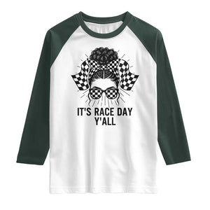 Racing Car Checkered Flag Raglan Shirt Messy Bun Woman Race Day TS14 White Dark Forest Green Print Your Wear