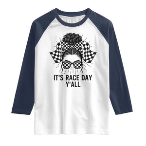 Racing Car Checkered Flag Raglan Shirt Messy Bun Woman Race Day TS14 White Navy Print Your Wear